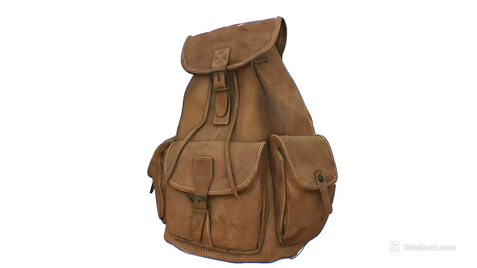 Vintage Brown Leather Backpack With Flap Closure Multiple Pockets And Buckle Design 3d model 