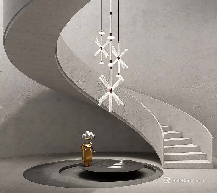 Spiral Staircase With Gray Concrete Walls Star Shaped Hanging Lights Golden Statue On Circular Platform 3d model 