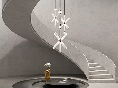 Spiral Staircase With Gray Concrete Walls Star Shaped Hanging Lights Golden Statue On Circular Platform 3d model