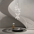 Spiral Staircase With Gray Concrete Walls Star Shaped Hanging Lights Golden Statue On Circular Platform