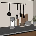 Modern Kitchen With Wooden Cabinets Hanging Utensils Countertop Dishes And Small Plant