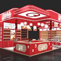 Red Exhibition Booth with Modern Design Open Layout Shelves Products Display Pendant Lights and Counter