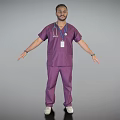 Man in Purple Scrubs With Stethoscope and ID Badge Arms Outstretched on Gray Background