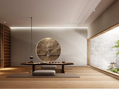 Minimalist Indoor Landscape With Round Decorative Art Long Table Tea Set And Large Window Plants 3d model