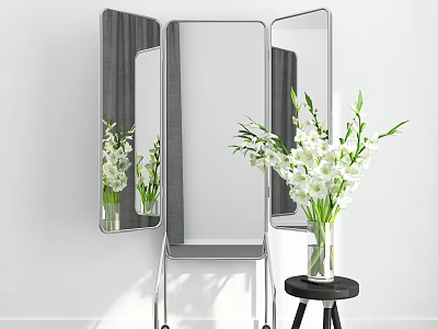 Tri Fold Mirror with White Flowers in Vase on Small Black Stool Against White Wall 3d model