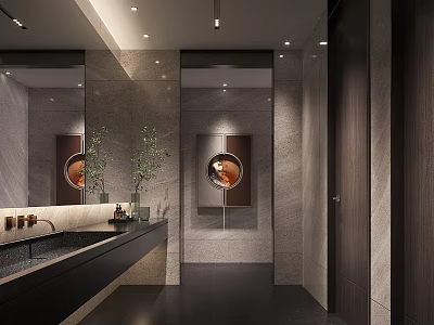 Modern Public Restroom Interior With Marble Walls Mirrors Sink Counter And Green Plant 3d model
