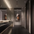 Modern Public Restroom Interior With Marble Walls Mirrors Sink Counter And Green Plant