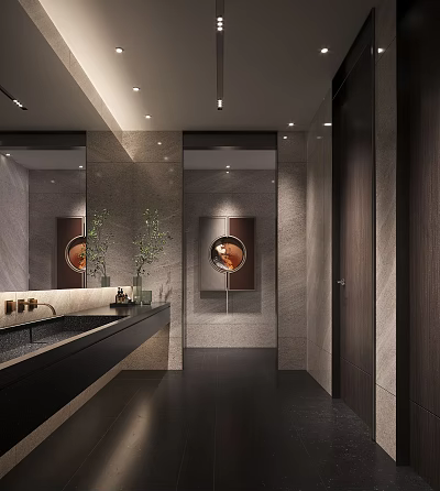 Modern Public Restroom Interior With Marble Walls Mirrors Sink Counter And Green Plant 3d model