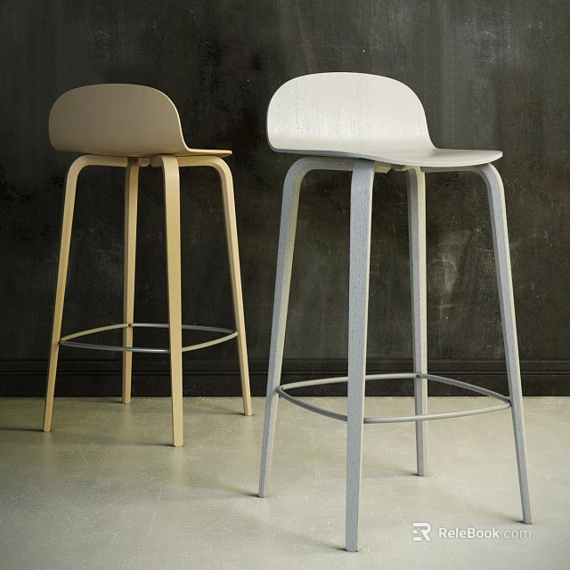 Two Modern Bar Stools With Wooden And Metal Frames Against Dark Wall And Light Floor 3d model 