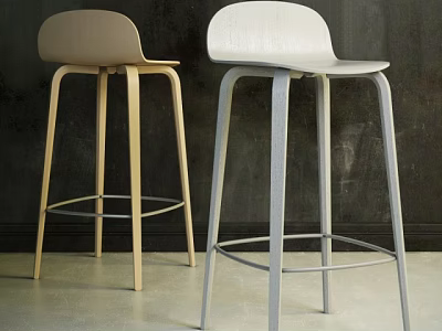 Two Modern Bar Stools With Wooden And Metal Frames Against Dark Wall And Light Floor 3d model