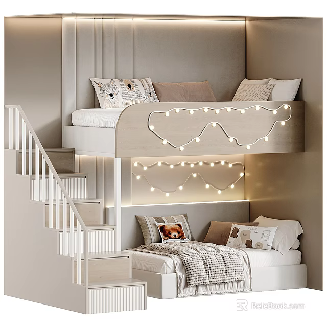 Cozy Children's Bunk Bed With White Stairs And String Lights Decoration 3d model 