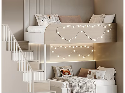Cozy Children's Bunk Bed With White Stairs And String Lights Decoration 3d model