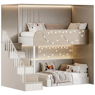 Cozy Children's Bunk Bed With White Stairs And String Lights Decoration 3d model