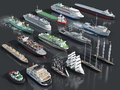 Display Of Various Ship Types Including Cargo And Cruise Ships 3d model Display Of Various Ship Types Including Cargo And Cruise Ships 3d model