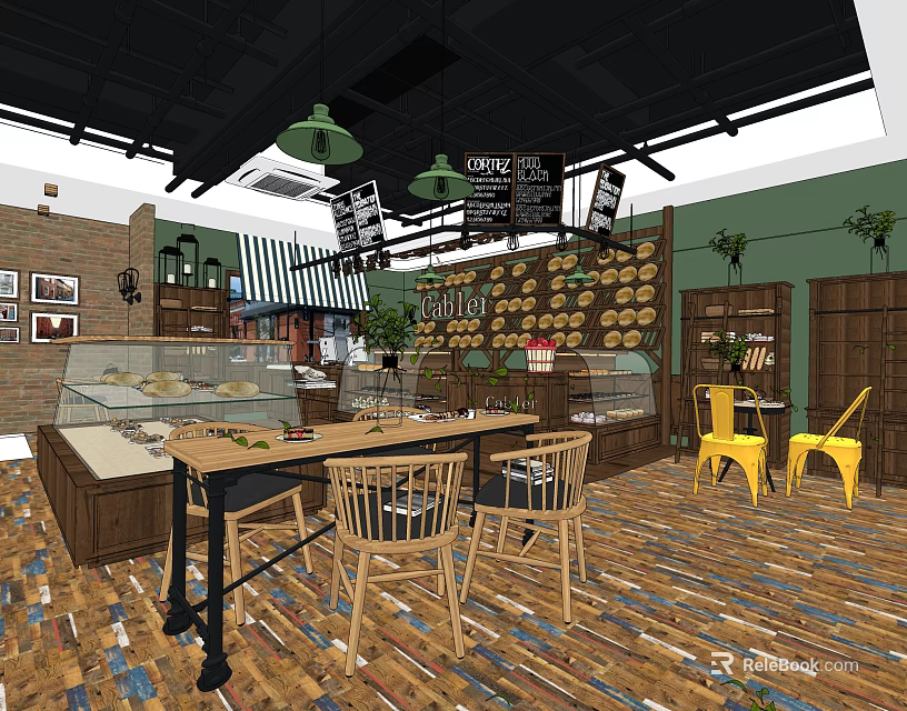 Dessert Shop Interior Design With Pastries Wall Display Wooden Tables Chairs And Green Plants 3d model 