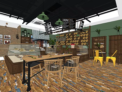 Dessert Shop Interior Design With Pastries Wall Display Wooden Tables Chairs And Green Plants 3d model
