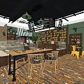 Dessert Shop Interior Design With Pastries Wall Display Wooden Tables Chairs And Green Plants