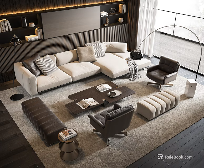 Modern Sofa And Coffee Table Set With Throw Pillows Magazines Tray Accent Chairs And Ottoman 3d model 