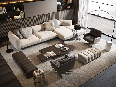 Modern Sofa And Coffee Table Set With Throw Pillows Magazines Tray Accent Chairs And Ottoman 3d model