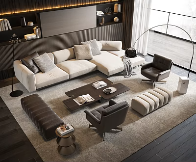 Modern Sofa And Coffee Table Set With Throw Pillows Magazines Tray Accent Chairs And Ottoman 3d model