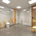 Modern Public Restroom With Marble Walls Yellow Handrails Washbasins Toilets And Decorative Painting