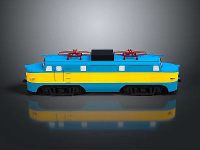 Blue and Yellow Electric Train with White Windows Red Roof Details Black Wheels and Reflection 3d model
