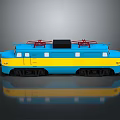 Blue and Yellow Electric Train with White Windows Red Roof Details Black Wheels and Reflection