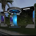 Futuristic Tech Installation With Blue Light Beam Circular Top And Screens In Green Outdoor Area