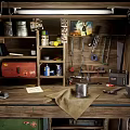 Rustic Functional Desk With Wooden Worktop Green Drawers Tool Storage And Metal Stool