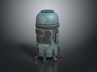 Industrial Metal Container With Warning Signs And Support Legs On Dark Surface 3d model