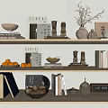 Decorative Ornament Collection on Shelves with Books Vases Sculptures Fruits and Decor Boxes