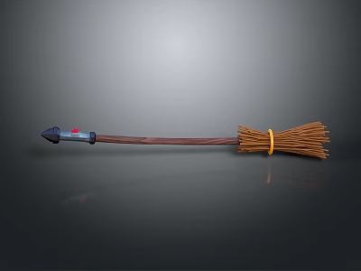 Wooden Handle Broom With Straw Bristles Black Tip And Red Accent Design 3d model