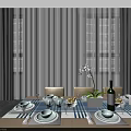 Wooden Dining Table Set With Six Beige Chairs Tablecloth Dishes Plant Vase And Window Cabinet