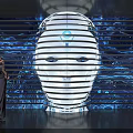 Person Standing Before Large Striped Illuminated Face With Tech Inspired Background Lines 3d model