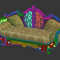 Traditional Wooden Sofa With Red Carved Frame And Yellow Floral Pattern Cushions