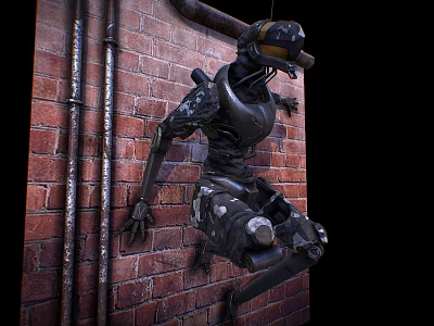 Futuristic Robot Character Climbing Red Brick Wall With Metal Pipes 3d model