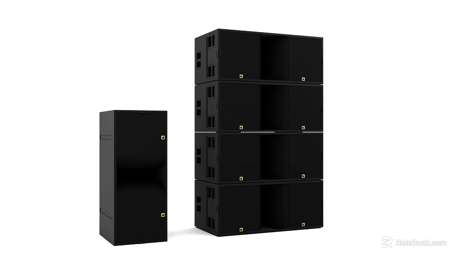 Modern Black Headphone Speaker Cabinet With Multiple Shelves And Gold Knobs 3d model 