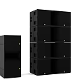 Modern Black Headphone Speaker Cabinet With Multiple Shelves And Gold Knobs