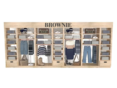 BROWNIE Stylish Organized Wooden Wardrobe With Shelves Folded Hanging Clothes Bags Hats 3d model