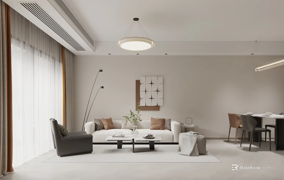 Modern Living Dining Room Interior With White Sofa Coffee Table Dining Chairs And Wall Art 3d model 