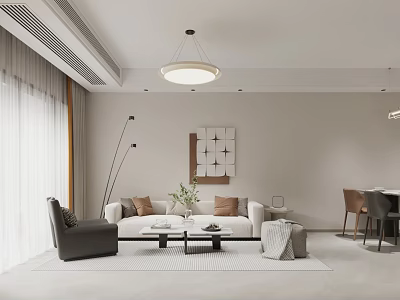 Modern Living Dining Room Interior With White Sofa Coffee Table Dining Chairs And Wall Art 3d model