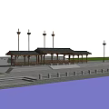Waterfront Pavilion with Wooden Roof Stone Steps and Lampposts Near Calm Water
