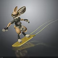 3D Rabbit Character With Large Ears Goggles On Yellow Surfboard Holding Ropes