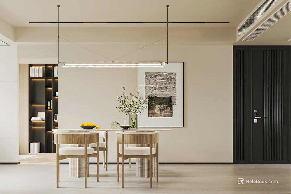 Modern Restaurant Interior With Dining Table Chairs Hanging Pendant Lights And Framed Wall Art 3d model 