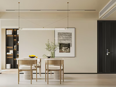 Modern Restaurant Interior With Dining Table Chairs Hanging Pendant Lights And Framed Wall Art 3d model