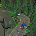 Modern Forest Road Scene With Winding Path Red Car And Blue Truck