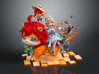 Anime Game Characters With Red Haired Blue Eyes Cat Girl Small Figures And Colorful Elements On Yellow Blocks 3d model
