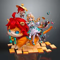 Anime Game Characters With Red Haired Blue Eyes Cat Girl Small Figures And Colorful Elements On Yellow Blocks