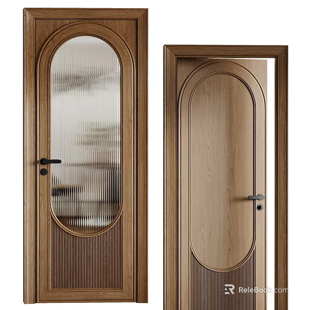 Wooden Hinged Door With Oval Glass Panel And Solid Wood Design 3d model 
