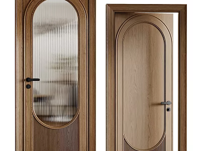 Wooden Hinged Door With Oval Glass Panel And Solid Wood Design 3d model